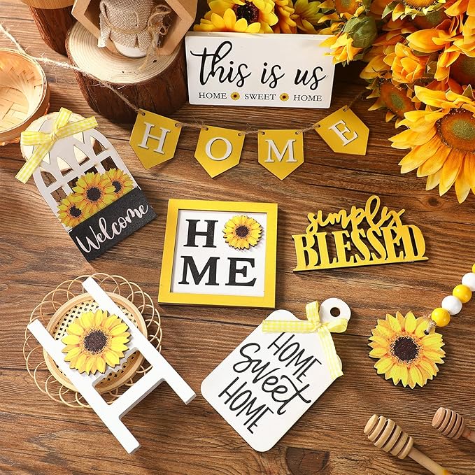 11 Pcs Sunflower Tiered Tray Decor Summer Rustic Home Farmhouse Tiered Tray Decorations Set Wooden Signs Vintage Farm Animal Farmhouse Tabletop Wood Signs for Kitchen Table Shelf Decor