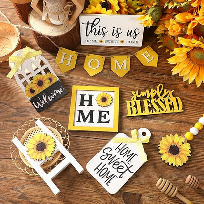 11 Pcs Sunflower Tiered Tray Decor Summer Rustic Home Farmhouse Tiered Tray Decorations Set Wooden Signs Vintage Farm Animal Farmhouse Tabletop Wood Signs for Kitchen Table Shelf Decor