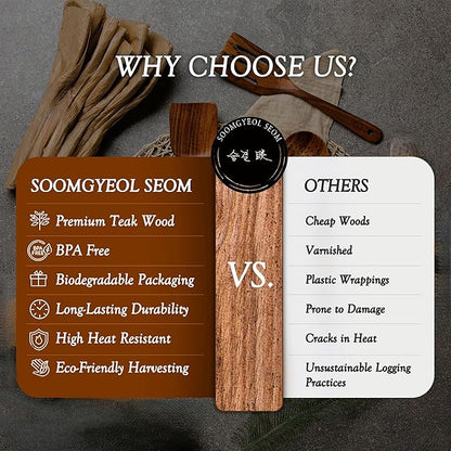 SOOMGYEOL SEOM 7-Piece Teak Wood Cooking Utensil Set with Holder | Wooden Spoons and Spatulas, Nonstick Safe, Heat Resistant, Kitchen Tools
