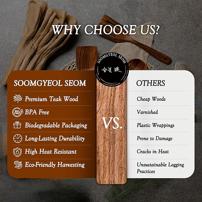 SOOMGYEOL SEOM 11-Piece Teak Wood Cooking Utensil Set with Holder | Wooden Spoons and Spatulas, Kitchen Countertop Organizer, Nonstick Safe Tools