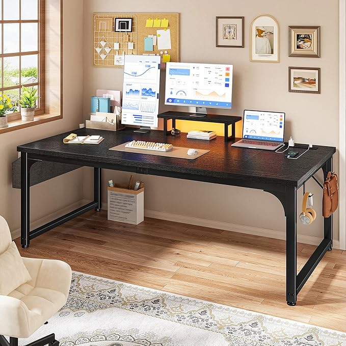 Gaming Desk with Power Outlets & LED Light, Computer Desk with Monitor Stand & 0.95inch Thicker Desktop & Storage Bag, Writing Desk for Home Office, Study, Bedroom, Black