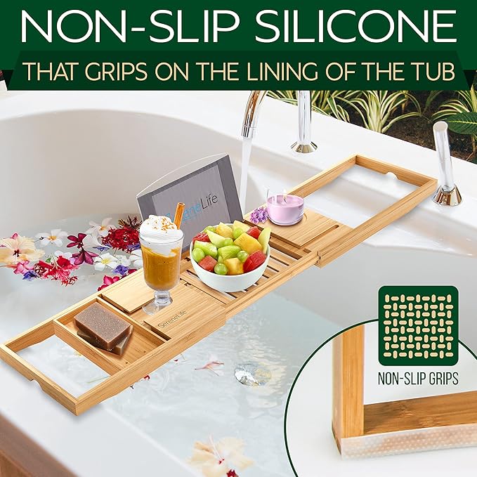 SereneLife Premium Bathtub Tray Caddy, Expandable Bath Tray, Unique House Warming Gifts, Gift for Mom, Women, New Home, Wedding, Anniversary, Bridal Shower, Universal Fit for All Tub - Natural