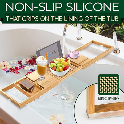 SereneLife Premium Bathtub Tray Caddy, Expandable Bath Tray, Unique House Warming Gifts, Gift for Mom, Women, New Home, Wedding, Anniversary, Bridal Shower, Universal Fit for All Tub - Natural