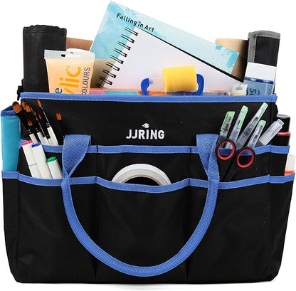 Large Multi-Functional Carrying Bag, 600D Nylon Artist Tote Bag with 16 Pockets Caddy for Art, Craft, Sewing, Make-up or School, Medical, Office Supplies Organizer, Blue