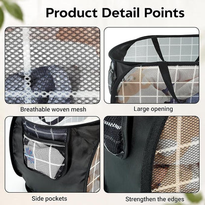 Collapsible Laundry Baskets with Side Pocket, Mesh Pop Up Clothes Hamper for Laundry, Foldable Laundry Basket Storage Hamper with Reinforced Handles for Clothes, Toys, Home, Dorm -Grid Print, Black