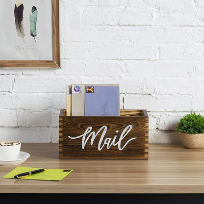 MyGift Mail Holder Storage Organizer Box Rustic Brown Wood with MAIL Script Design, Desktop Letters, Bills, Notes and Postcard Bin for Home Office Dorm Room