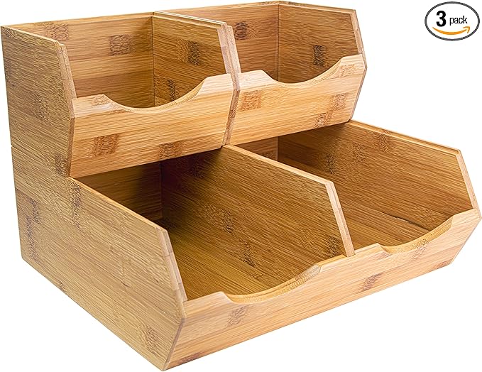 HOMESTEAD Bamboo Pantry Storage Bins – Stackable Potato & Onion Storage Bin for Kitchen Countertop, Pantry Organizer, Fruit Vegetable Basket, Multiuse - Set of 3 Slide-Out Access