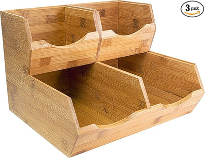 HOMESTEAD Bamboo Pantry Storage Bins – Stackable Potato & Onion Storage Bin for Kitchen Countertop, Pantry Organizer, Fruit Vegetable Basket, Multiuse - Set of 3 Slide-Out Access