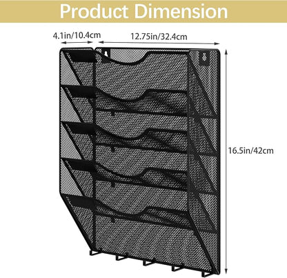 EasyPAG 5 Pocket Mesh Wall File Organizer with Key Hooks, Hanging Paper Folder Holder with Classify Label, Vertical Wall Mount Mail Organizer for Office Home Classroom, Black