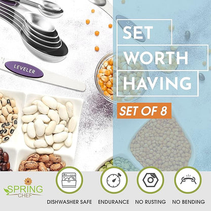 Spring Chef Purple Stainless Steel Magnetic Measuring Spoons Set of 8 with Leveler, Dual Sided Metal Teaspoon & Tablespoon Measuring Spoons, Kitchen Gadgets for Baking & Cooking, Fits in Spice Jars
