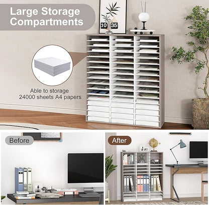EasyPAG Wooden Literature Organizer with Adjustable Shelves, 48 Compartments Office Paper Organizer Storage 24000 Sheets Letter Size Paper, Student Mailbox for Classroom, Retro Gray/White