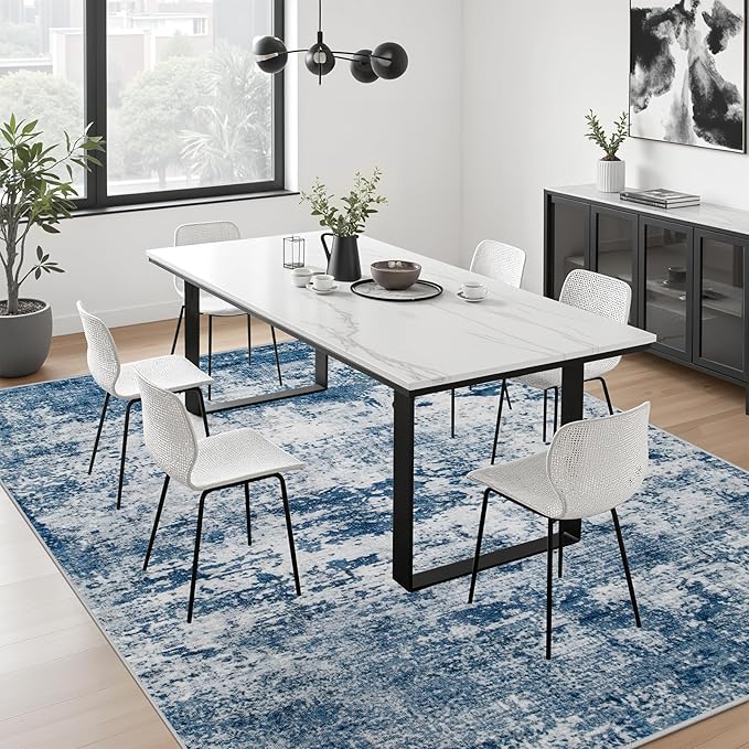 5x5 Area Rug Living Room Rug: Washable Modern Abstract Soft Thin Rug Indoor Floor No Slip Stain Resistant Carpet for Bedroom Dining Room Farmhouse Nursery Home Office - Blue