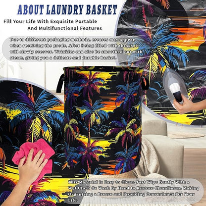 Colorful Palm Tree Laundry Basket Foldable Oxford Cloth Hawaii Laundry Hamper With Handle Portable Clothes Storage Organizer Basket 18.9"x16.5" Storage Bag For Laundry Room/Bathroom/Bedroom