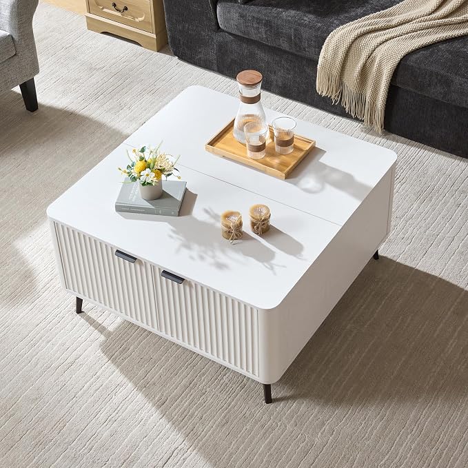Fatmok Large Lift Top Coffee Table with Hidden Compartment, 35.4" Wide Oversized Square Coffee Table with Storage, Mid Century Modern Fluted Center Table for Home Living Room, White