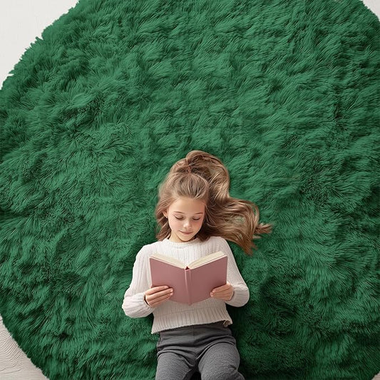 OLANLY Dark Green Round Rugs for Bedroom - Machine Washable, 7 ft Circle Area Rugs for Living Room, Soft and Fluffy Shaggy Carpet for Teen Girls and Boys, Nursery Rooms, Dorms, Home Decor Aesthetic