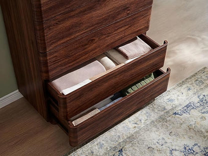 ACCOHOHO 5 Drawer Dresser for Bedroom, 42" Tall Modern Wood Dresser with Hidden Handle Drawers, Large Storage Chest of Drawers for Living Room & Hallway, Curved Profile Design, Dark Walnut
