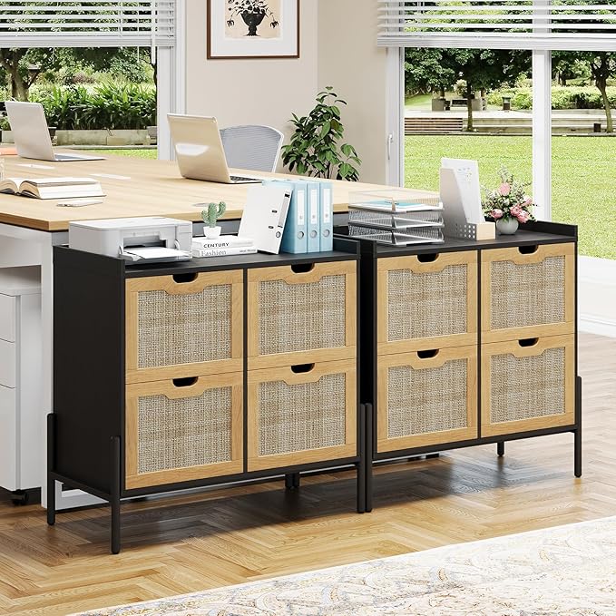 4 Drawer File Cabinet, Rattan Lateral Filing Cabinet Fits Files Letter or A4 Size, Wooden Printer Stand for Home Office, Oak and Black