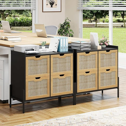 4 Drawer File Cabinet, Rattan Lateral Filing Cabinet Fits Files Letter or A4 Size, Wooden Printer Stand for Home Office, Oak and Black