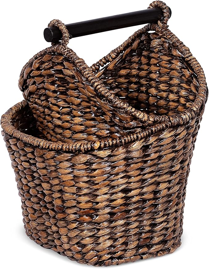 BIRDROCK HOME Seagrass Magazine and Bathroom Basket - Hand Woven Toilet Paper Holder with Pocket - Grey Wash - Stylish Decorative Design - Wooden Basket Décor - Dispenser