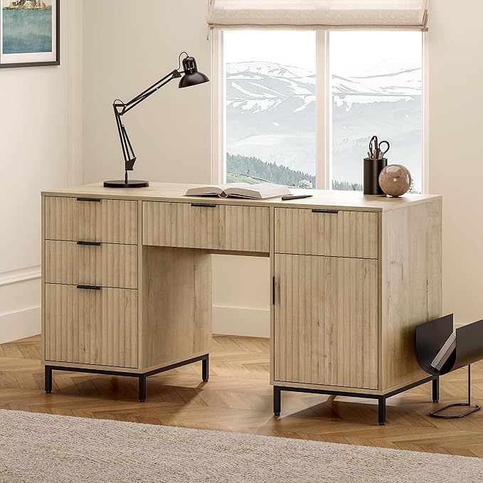 55" Large Fluted Executive Desk with File Drawer, Computer Desk with Storage and Charging Station, Modern Wooden Home Office Desk for Workspace, Writing, Study, Light Oak