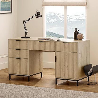 55" Large Fluted Executive Desk with File Drawer, Computer Desk with Storage and Charging Station, Modern Wooden Home Office Desk for Workspace, Writing, Study, Light Oak