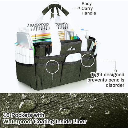 JJRING Craft Organizer Tote Bag, Art Storage Caddy with Multiple Pockets, Sap Green Sewing Bag for Art, Craft, Scrapbooking, Medical, and Office Supplies Storage