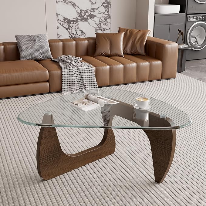 Modern Glass Coffee Table, Triangle Center Table with Tempered Glass Top& Unique Wooden Base, 31.5” Mid Century Tea Tables for Living Room, Apartment, Office,Walnut &Transparen