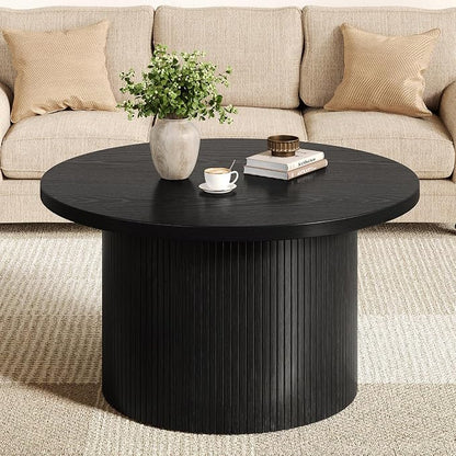 31.5" Round Coffee Table, Mid Century Modern Fluted Tambour Coffee Table, Engineered Wood Small Circle Center Table, Drum Accent Modern Living Room Table, Black