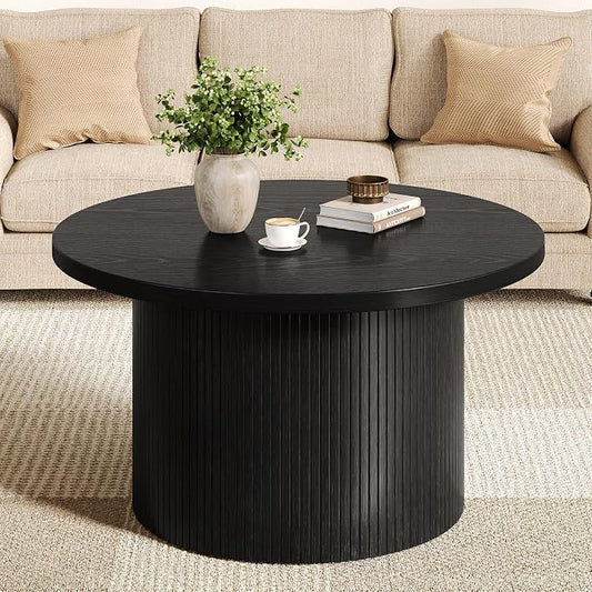 31.5" Round Coffee Table, Mid Century Modern Fluted Tambour Coffee Table, Engineered Wood Small Circle Center Table, Drum Accent Modern Living Room Table, Black