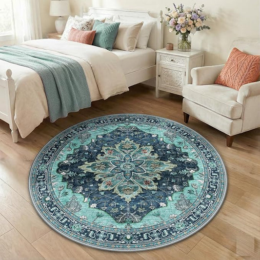 RELEANY Area Rugs Round 4ft Washable Non-Slip, Floral Vintage Distress Medallion Carpet for Living Room Bedroom Dining Room, Teal Green Lake Blue Turquoise