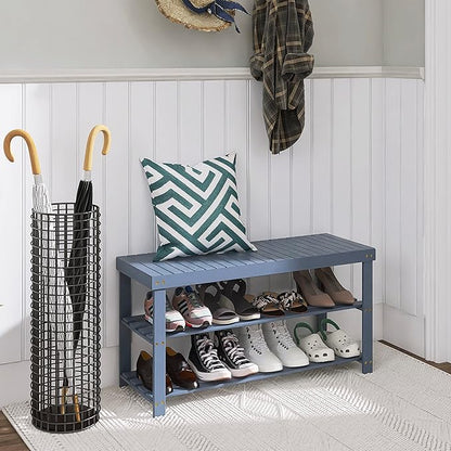 SMIBUY Bamboo Shoe Rack Bench, 3-Tier Shoe Organizer Storage Shelf for Entryway Hallway Bathroom Living Room (Grey)