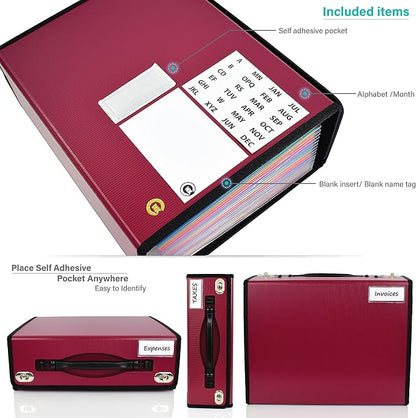 CNK Accordion File Folders with 24 Pockets Organizer for Document Paper Storage Folder Documents Expanding Binder Folio Pocket Receipt Filing Expandable Files Dividers Labels Letter Durable Handle