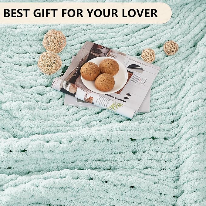 L'AGRATY Chunky Knit Blanket Throw: 60''x80'' Chenille Chunky Knitted Throw Blankets for Bed Couch - Handmade Thick Big Cable Knit Blanket - Large Crochet Rope Blankets for Home Decor(Mint Green)