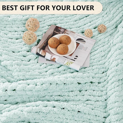 L'AGRATY Chunky Knit Blanket Throw: 60''x80'' Chenille Chunky Knitted Throw Blankets for Bed Couch - Handmade Thick Big Cable Knit Blanket - Large Crochet Rope Blankets for Home Decor(Mint Green)
