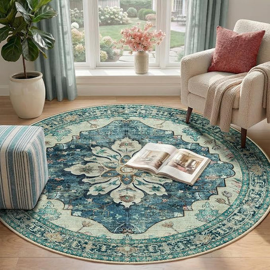 RELEANY Area Rugs Round 4ft Washable Non-Slip, Floral Vintage Distress Medallion Carpet for Living Room Bedroom Dining Room, Dark Blue Vintage