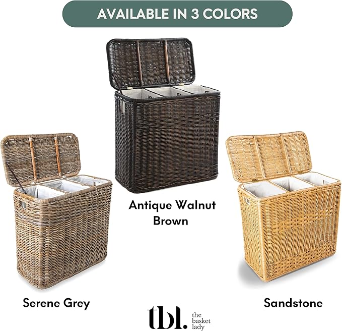 The Basket Lady 3-Compartment Wicker Laundry Sorter Hamper, 30 in L x 15 in W x 28 in H, Antique Walnut Brown