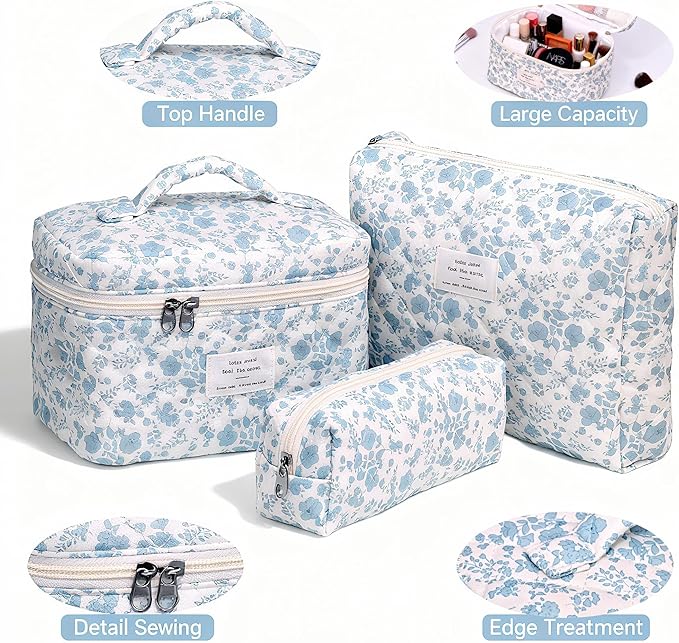 3PCS Makeup Bag,Quilted Cosmetic Bag,Large Floral Makeup Bag for Women,Cute Cotton Cosmetic Bag Set,Travel Toiletry Bag For Women(White blue)