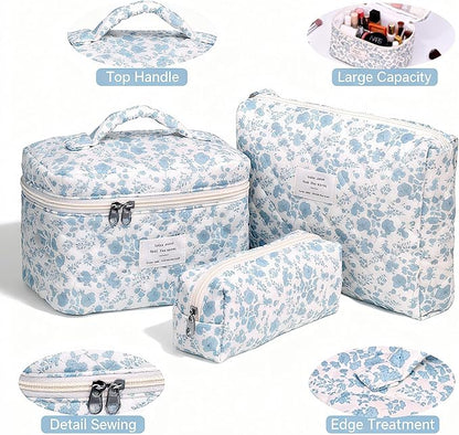 3PCS Makeup Bag,Quilted Cosmetic Bag,Large Floral Makeup Bag for Women,Cute Cotton Cosmetic Bag Set,Travel Toiletry Bag For Women(White blue)