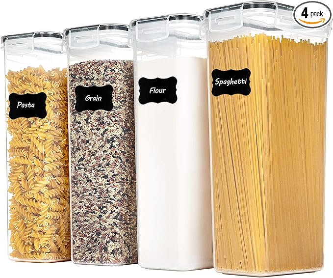 Vtopmart Airtight Food Storage Containers with Lids, 4 PCS 2.8L Pasta Containers for Pantry Organization and Storage, BPA Free Kitchen Canisters for Spaghetti, Flour, Sugar and Noodles, Black