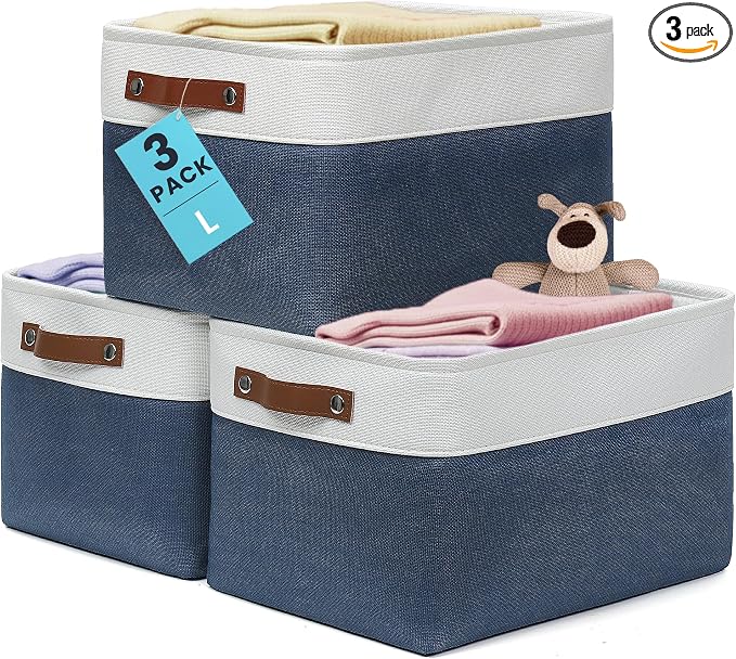 OrganiHaus 15x11in Canvas Storage Baskets 3 Pack | LARGE Fabric Bins for Shelves | Closet & Bedroom Storage | Navy Blue/Off-White