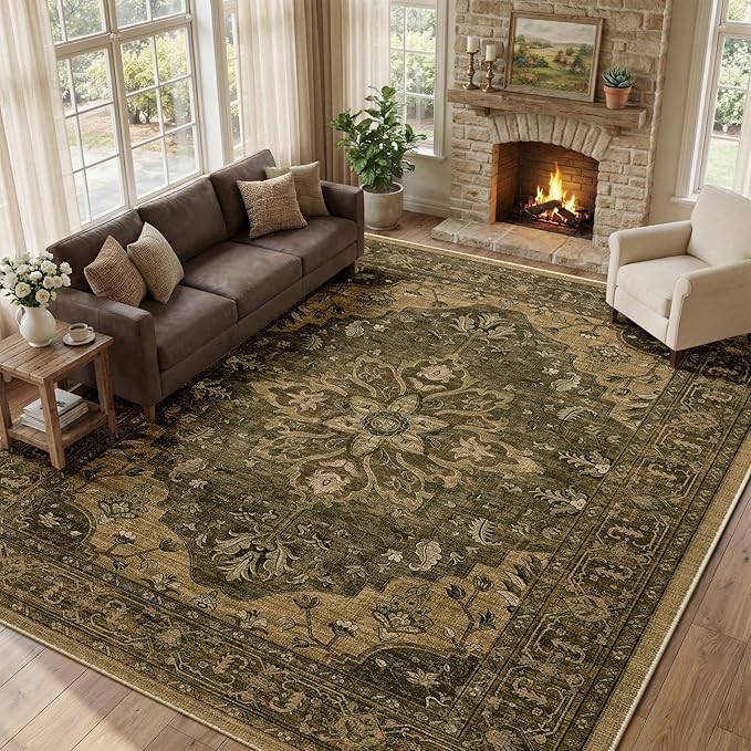RELEANY Area Rugs Large 9'x12' Washable Non-Slip, Floral Vintage Distress Medallion Carpet for Living Room Bedroom Dining Room, Brown Dark Brown