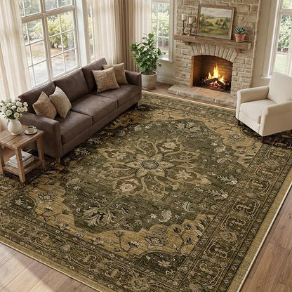 RELEANY Area Rugs Large 9'x12' Washable Non-Slip, Floral Vintage Distress Medallion Carpet for Living Room Bedroom Dining Room, Brown Dark Brown