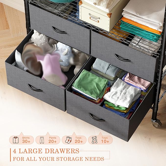 Raybee Rolling Clothes Rack for Hanging Clothes, Clothing Rack with 4 Fabric Drawers and Wheels, Portable,Adjustable,Sturdy,Black