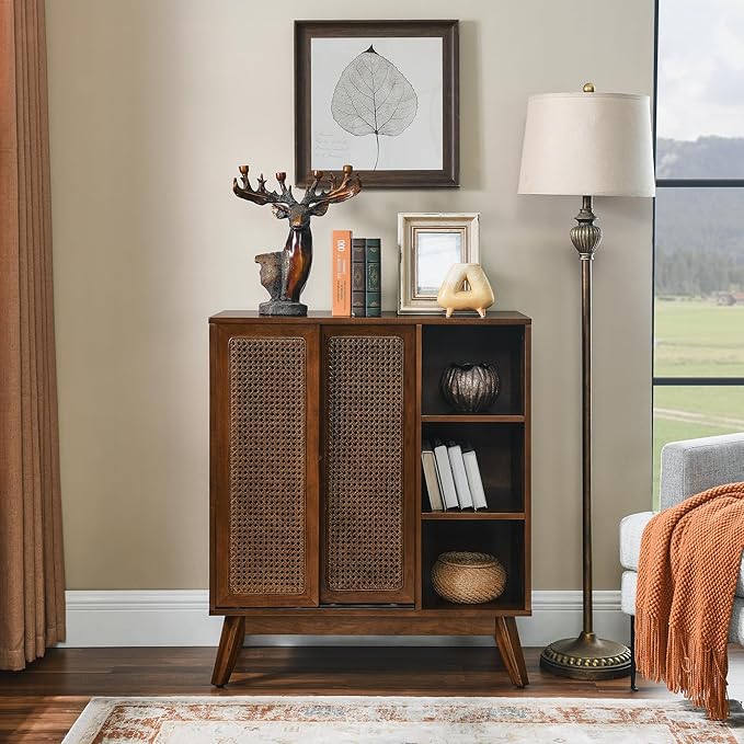 LKTART Mid Century Modern Storage Cabinet with Rattan Sliding Doors and Open Shelves, Boho Style Wooden Sideboard Buffet for Living Room,Dark Walnut