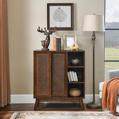 LKTART Mid Century Modern Storage Cabinet with Rattan Sliding Doors and Open Shelves, Boho Style Wooden Sideboard Buffet for Living Room,Dark Walnut