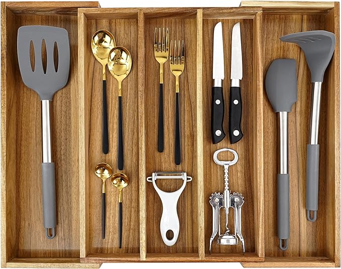 EcoFives Luxury Acacia Silverware Organizer -Kitchen Drawer Organizer - Utensil Holder and Cutlery Organizer with Grooved Drawer Dividers for Flatware and Kitchen Utensils (5 Slot)