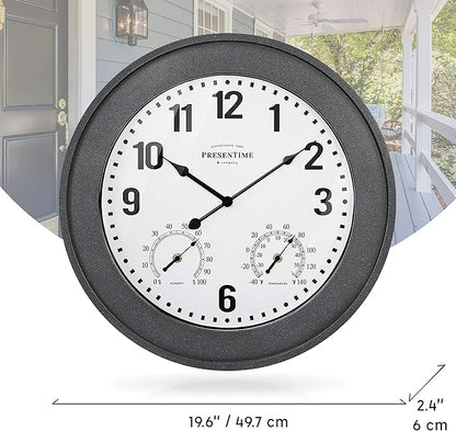 Presentime & Co. 20" Bradford Indoor/Outdoor Farmhouse Clock with Weather Station, Gray Stone Finish