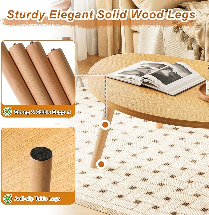 Coffee Table Low Table with Solid Wood Legs, 31.5x19.7 Large Coffee Table Side Table, Floor Table Desk for Sitting on The Floor, Living Room Furniture for Office Apartment Home, Pebble-Natural