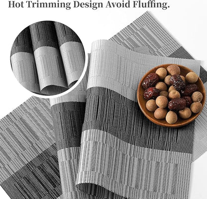 Leetaltree Grey with White Striped Placemats Set of 8 - Heat Resistant Non-Slip Place mats for Dining Table, Washable Durable PVC Vinyl Woven Table Mats（Grey Stripe, 8）