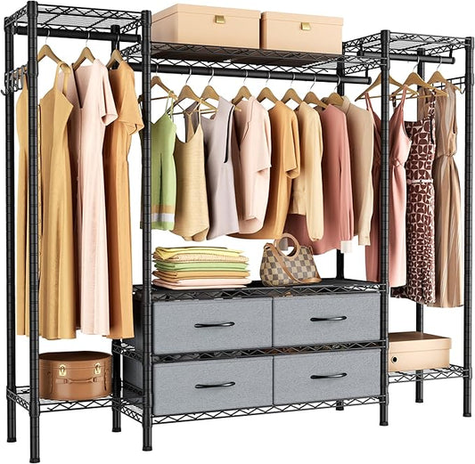 Golpart Heavy Duty Garment Rack Clothes Rack,Large Metal Closet Organizer System Storage Wardrobe,Freestanding Clothing Rack with 8 Adjustable Wire Shelves&3 Hang Rods,MaxLoad 900lbs